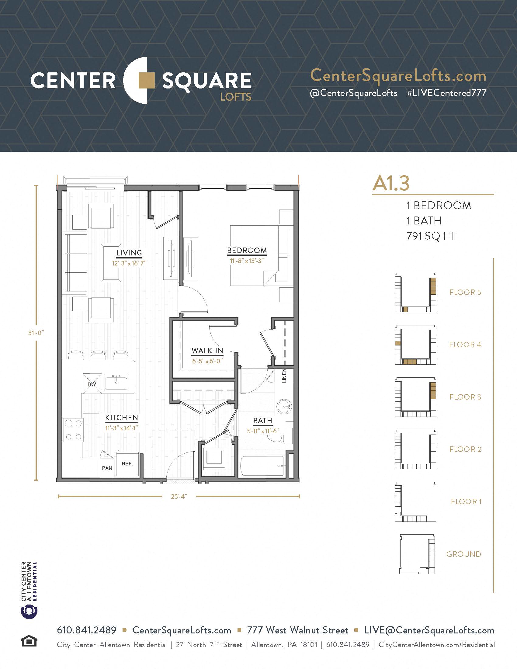 Floor plan for 1 bed, 1 bath, 791 sqft